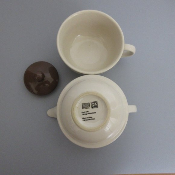 Stoneware Tea for One 3 pc Stackable Set with Teapot & Cup Cream w/Brown Lid - Picture 13 of 13